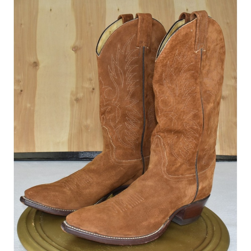 Tony Lama Men Boots Size 7.5 D Brown Suede Mid Calf Western Pointed Toe Vintage